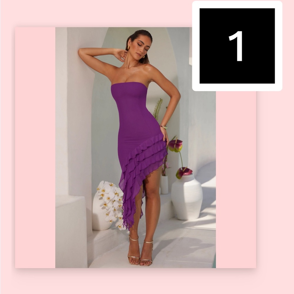 Oh Polly Bandeau Ruffle Asymmetric Hem Midi Dress